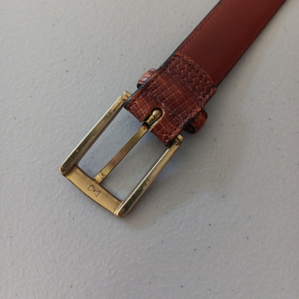 VTG Reptile Leather Belt Womens Size 38 Cognac Red Brass Square Buckle Old Money - Picture 4 of 12